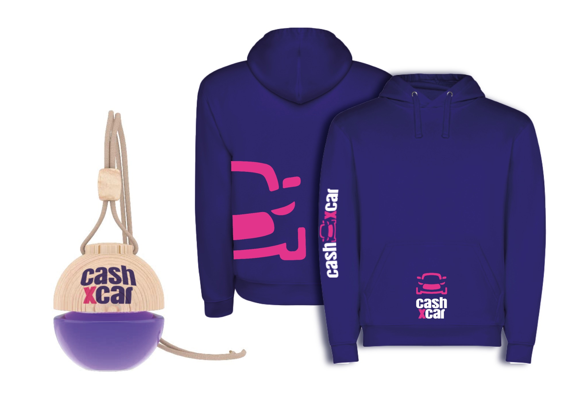 Aplicaciones de Cashxcar en sudaderas y ambientador para vehículo