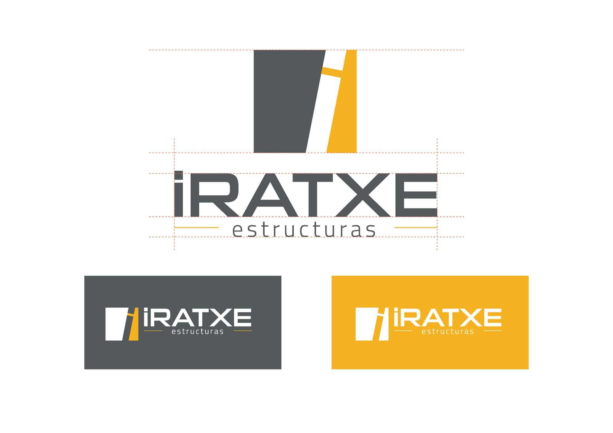 Construcción del logotipo Iratxe Estructuras con líneas guía y colores corporativos gris y amarillo