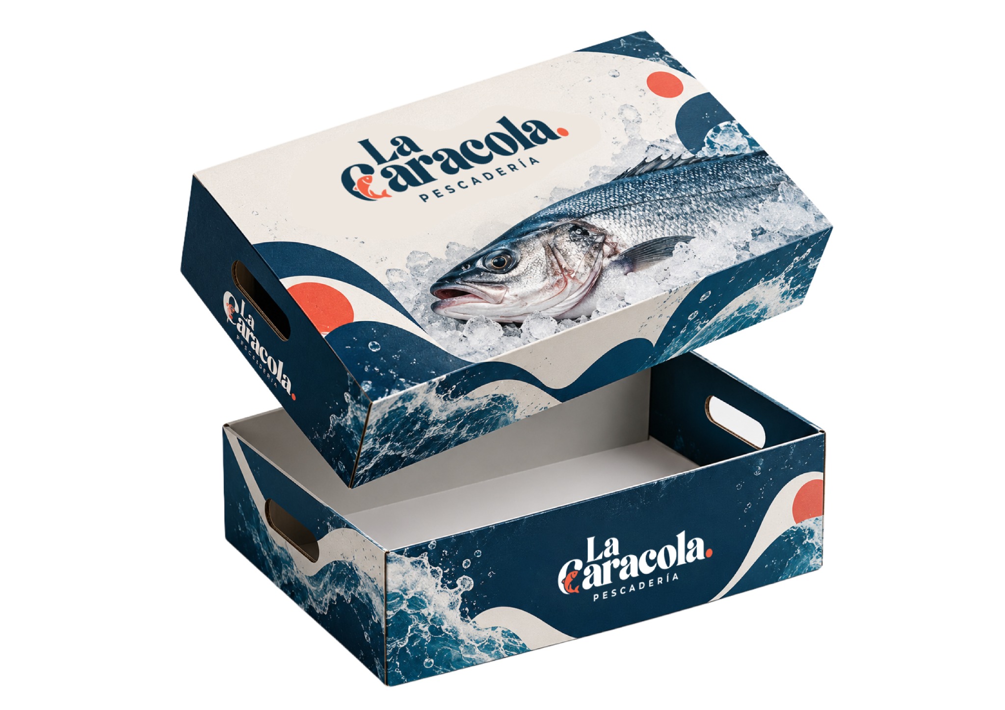 Diseño de caja para productos de pescadería con la identidad de La Caracola