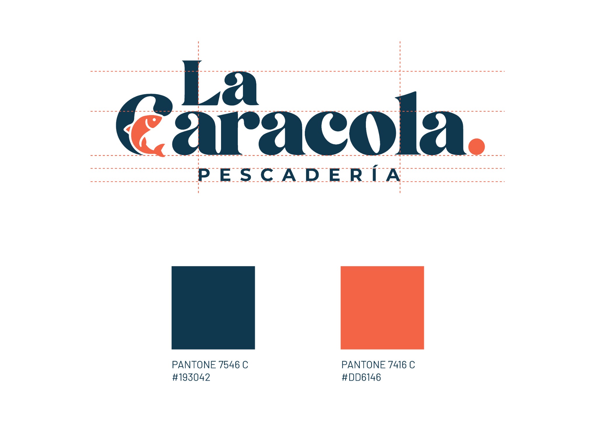 Construcción del logotipo de La Caracola con líneas guía y colores corporativos azul marino y coral