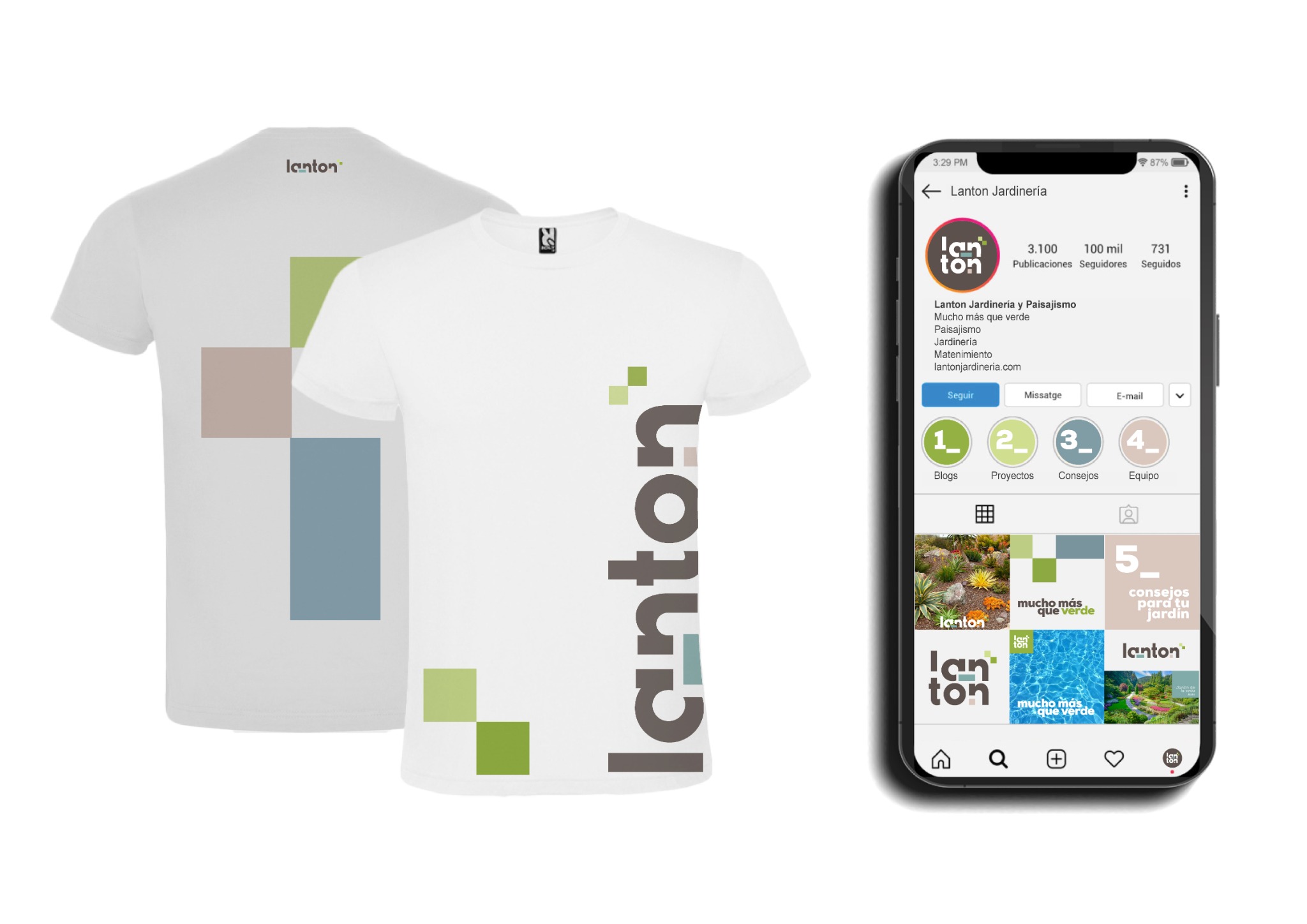 Aplicaciones de la identidad Lanton en ropa corporativa y redes sociales